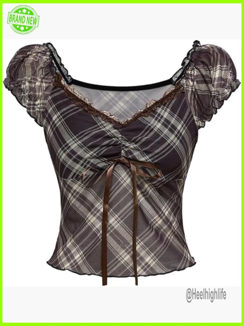 Plaid Mesh Sweetheart Top with Bow Ruched Cap Sleeve Blouse Women